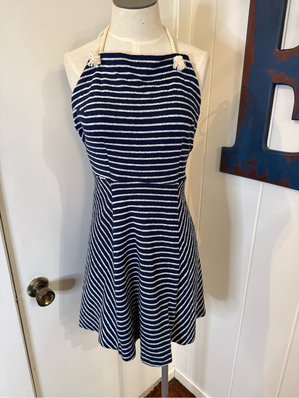 Zara Navy and White Striped dress with robe cord ties button back Sz S